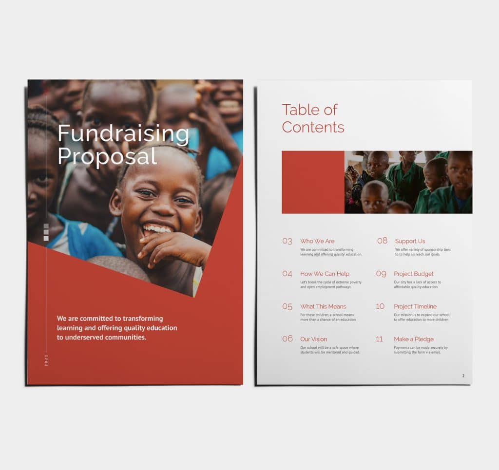 Two pages of the proposal for a charity ran school side by side. The first page is the front cover and the second page is the contents page.