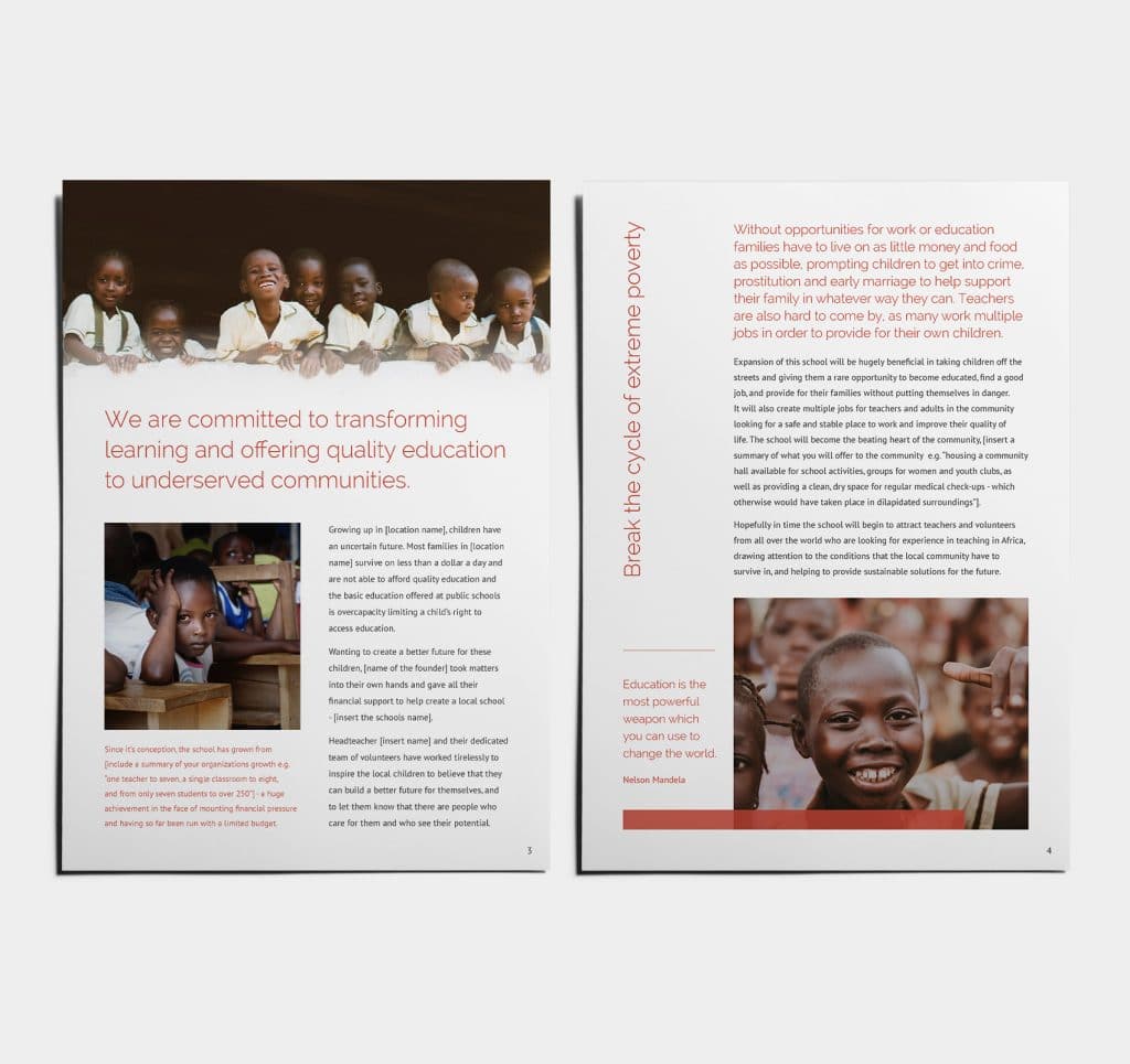 Two pages of the proposal side by side. The first page summarizes the charity, the second page discusses the poverty experienced in the region and why help is needed.
