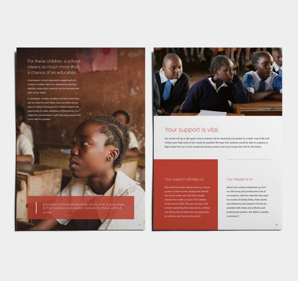 Two pages of the template side by side. The first page describes how a school will help the community, the second page discusses what donations will allow the charity to achieve.