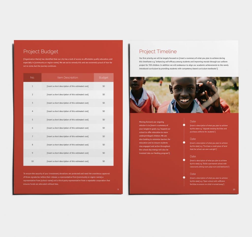 Two pages of the template side by side. The first page is the project budget and the second page is the project timeframe.